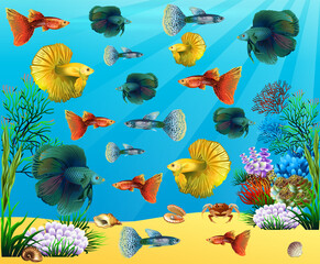 Underwater panorama. Sea underwater, cartoon fish swimming in the ocean, deep coral reef and sand, panoramic vector illustration background