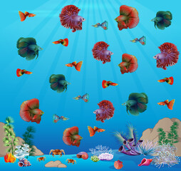 Underwater panorama. Sea underwater, cartoon fish swimming in the ocean, deep coral reef and sand, panoramic vector illustration background