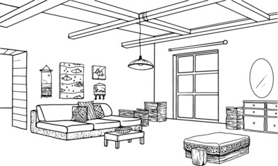 coloring book, home interior coloring, a room with an interior in the style of boho and minimalism, black and white hand drawing,