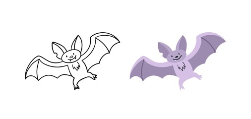 Cute bat character. Vector wildlife animal. Contour and color version.