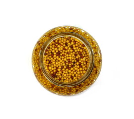 Whole grain mustard. French mustard isolated on white background.