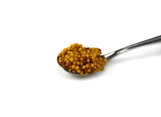 Whole grain mustard. French mustard isolated on white background.