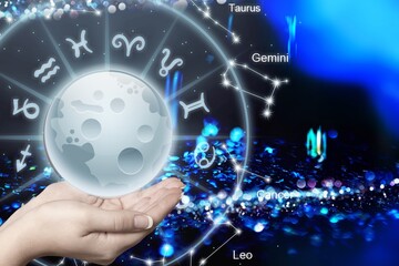 Astrological zodiac signs over the moon in hand. Stars in the sky. The power of the universe concept.