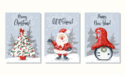 Vector Merry Christmas and Happy New Year greeting card set with cute santa claus and christmas tree.