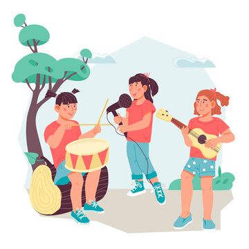 Childrens musical summer camp with kids playing musical instruments, vector.