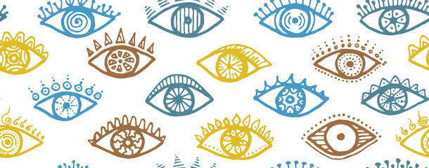 Hand drawn human eyes tribal endless pattern.