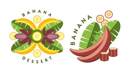 Set of yellow, red banana logos, emblems, badges