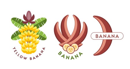 Set of yellow, red banana logos, emblems, badges
