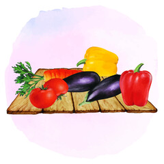 watercolor hand draw of wooden board with vegetables