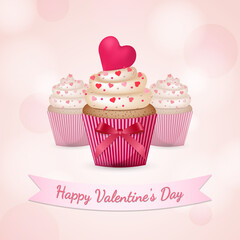 Happy Valentine's Day greeting card with cupcakes in pink colors vector illustration