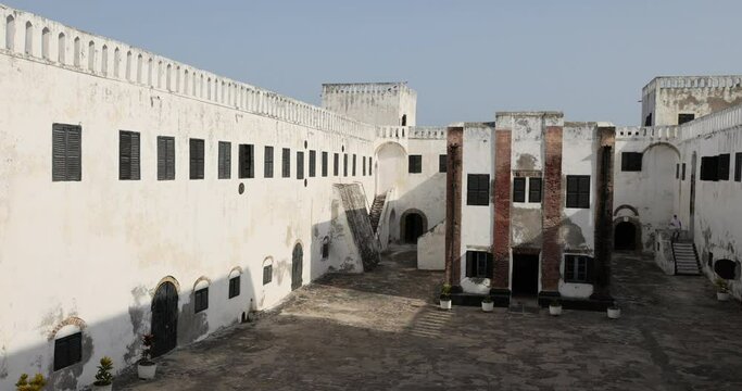Elmina Castle Ghana courtyard church pan Ghana. Ghana West Africa on the Atlantic ocean. Erected by the Portuguese in 1482. Slave castle in Africa. Historic slave trade on Gold Coast.