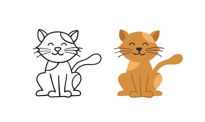 Cute hand-drawn cat character. Vector pet animal. Contour and color version.