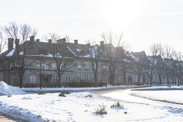 Directorate estate in Chelm, Poland, Osiedle Dyrekcji w Chełmie, Chełm City in winter, tenement houses, sunny winter day - obrazy, fototapety, plakaty
