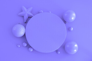 Christmas composition in Color of the Year 2022, Very Peri. Trendy Xmas background, mockup. Modern design. Free space for text or logo, copy space. Flat lay, top view.