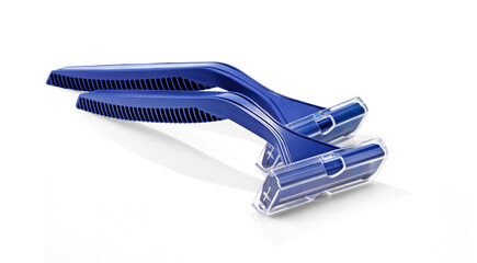 Bisposable razor. Several blue razors on white background. Сlose-up.