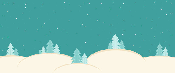 Winter background with snowdrifts and Christmas trees on a blue sky with snow.