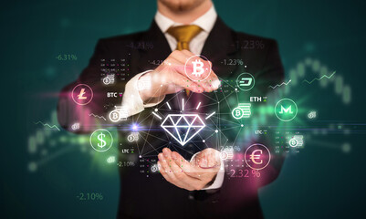 Businessman holding currency symbols concept