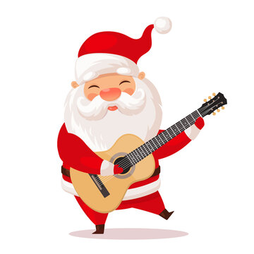 Cute Santa Claus plays acoustic guitar, cartoon vector illustration