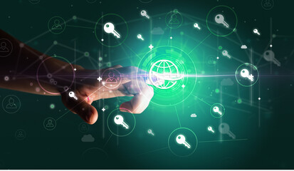 Businessman hand pressing stock graphic information on multitouch screen