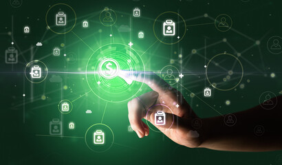 Businessman hand pressing stock graphic information on multitouch screen