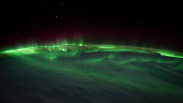 Aurora Australis over the Indian Ocean.
The International Space Station.
Source material was provided by NASA.
Color correction was done, noise was removed and slowed down.