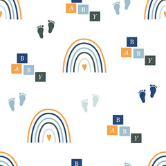 Cute children's seamless pattern. Vector design for baby shower, textiles, interior. Trendy illustration with a rainbow, a baby's foot and cubes with the inscription baby.