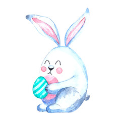 Cute white Easter bunny with egg in paws, rabbit, cute animal, watercolor illustration for postcards, fabrics, banners. Easter card.