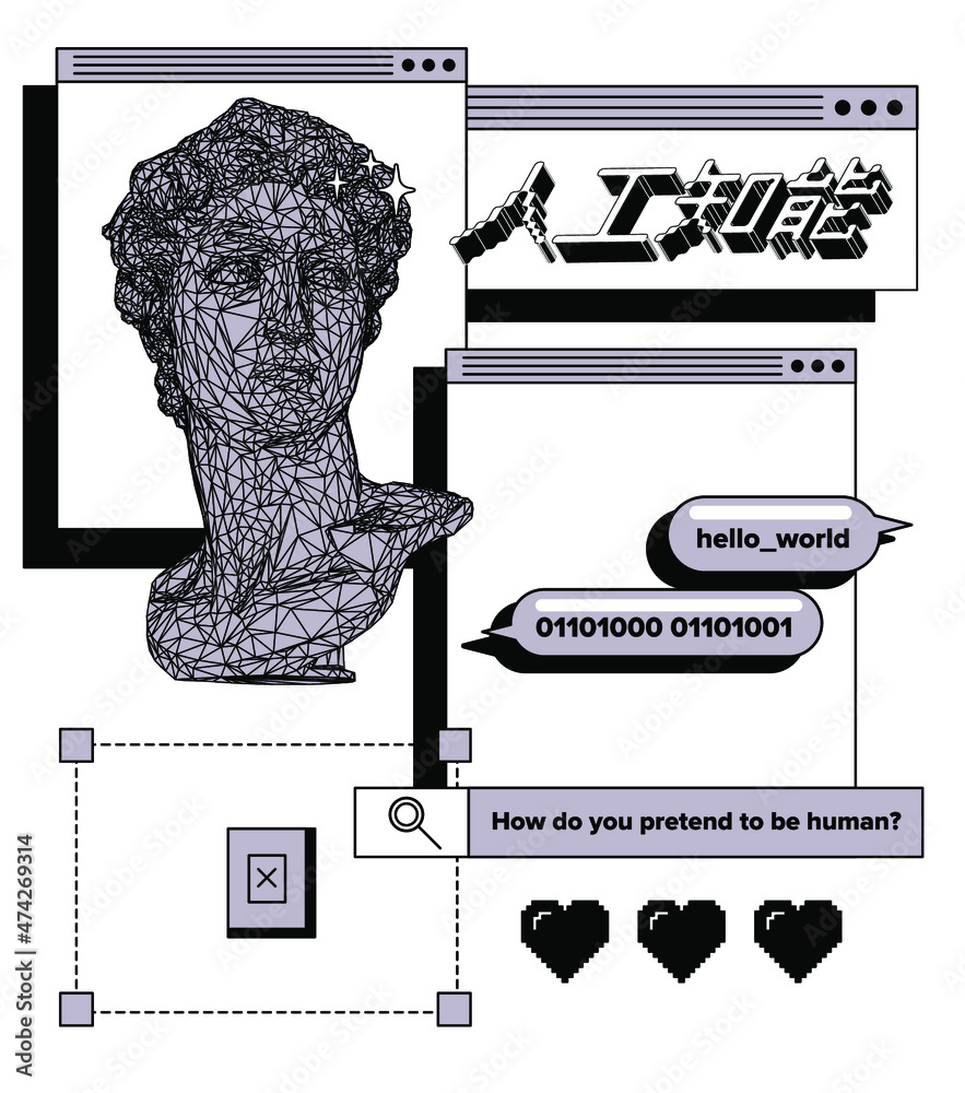 Poster Retro computer interface with many open tabs and window boxes and 3D low poly model of bust sculpture. Japanese text means 