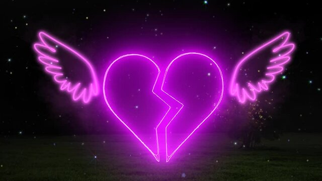Neon Line Heart. Abstract Hearts shape Neon. Glowing Neon Breaking Heart. Dynamic glow effects of the contour of the broken hearton. Broken neon heart with wings
