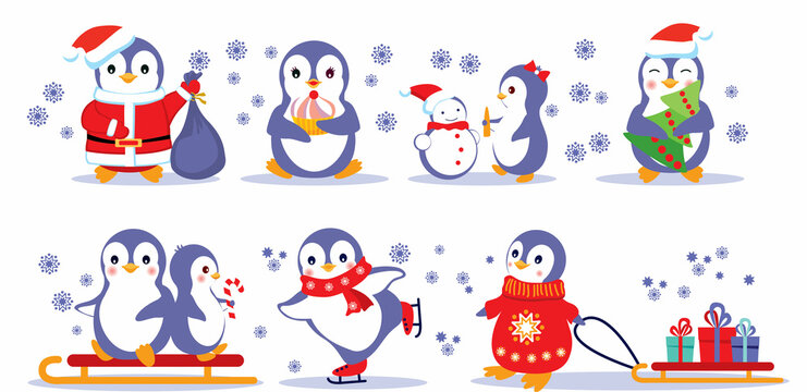 Funny penguins are a set of pictures with festive plots on the theme of Christmas and New Year, winter entertainment. Illustrator vector