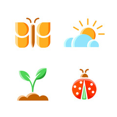 Simple set of related colorful icons on white background. Contains such icons as ladybug, plant, butterfly, clouds, and sun. Idea for a poster, sticker, postcard, web design and so on.