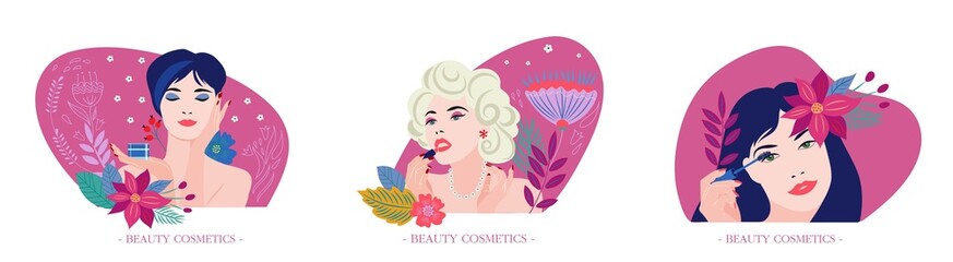 cosmetics beauty girls flowers leaves perfume lips eyes