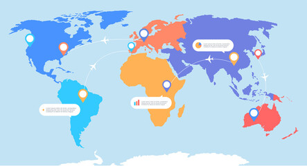 Naklejka premium Colorful Earth map with seven parts of the world and planes traffic location information