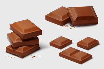 Realistic chocolate pieces isolated on white. Heap of milk chocolate in 3d style. Cocoa product. Vector illustration.