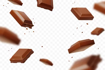 Foto op Plexiglas Realistic falling chocolate pieces isolated on transparent background. Levitating defocusing milk chocolate chunks. Applicable for packaging background, advertising, etc. Vector illustration. © alexandertrou