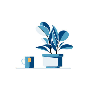 Flat vector illustration of ficus in a flowerpot with a cup of tea on white background. Image of houseplant, pot and cup made in blue colors. Idea for a poster, sticker, book, web design and so on.