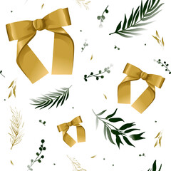 New Year's seamless pattern. Gold bows, green leaves and branches. Christmas decor. Design elements for greeting card, wallpaper, textiles. - 474271114