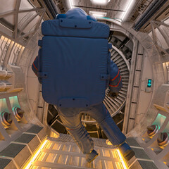 astronaut is inside of the space ship hallway rear view
