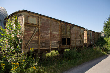 Naklejka premium Old weathered wooden train carriage parked on grass en against bushes