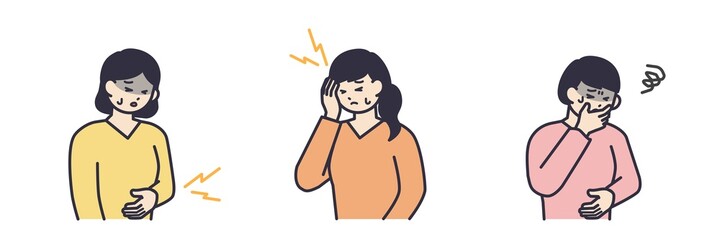 腹痛、頭痛、吐き気に悩む女性のイラスト素材