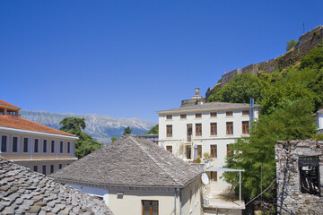Fototapeta na wymiar Historical building in downtown in Gjirokastra, Albania 