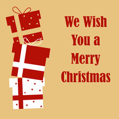 merry christmas card with gifts in gold color with red