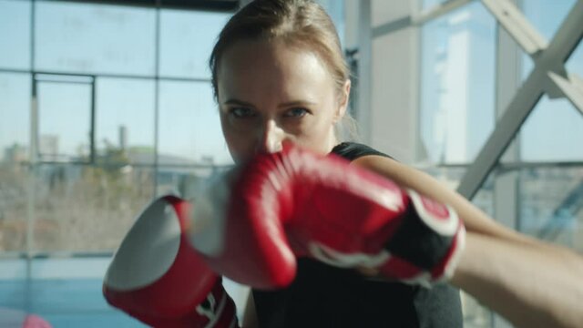 Portrait of young female boxer wearing gloves fighting in gym and looking at camera concentrated on hand moves. Sports and motivation concept.