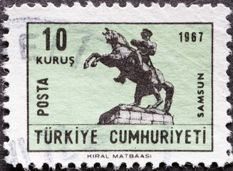 Turkey - circa 1967: A post stamp printed in Turkey showing a Statue of Ataturk, Samsun on horseback