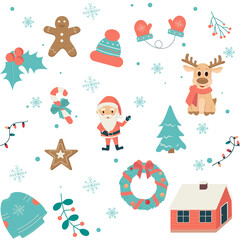 Seamless winter pattern with snowflakes, Santa Claus, warm clothes and house