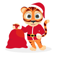 Tiger in Santa's clothes with gift bag