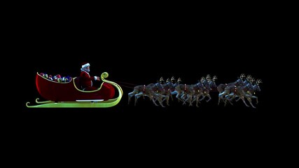 santa claus and his reindeer flying on black background leaves behind gold dust, glitter, sand, particles, confetti. Santa Claus and his reindeer flying in the sky. Holiday background. - Powered by Adobe