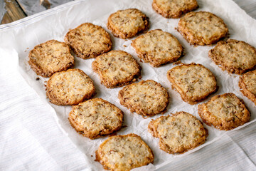 Homemade shortbread sugar cookies with nuts and chocolate