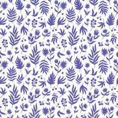 Floral seamless pattern. Abstract Plants. Lavender Violet Flowers, Leaves and Branches in Silhouette on trendy Very Peri color background. Vector texture for print, textile fabric, wrapping paper