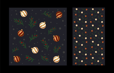 Traditional new year pattern with balls and green firs. Decoration for christmas card and packaging paper. Seamless texture.